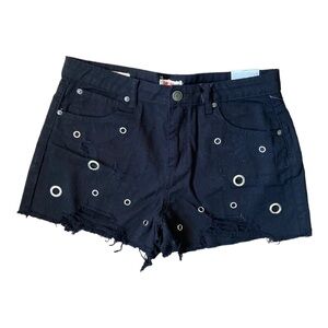 Hot Kiss Women’s Black Rivets High Rise Shortie Jean Shorts Size 12 NWT